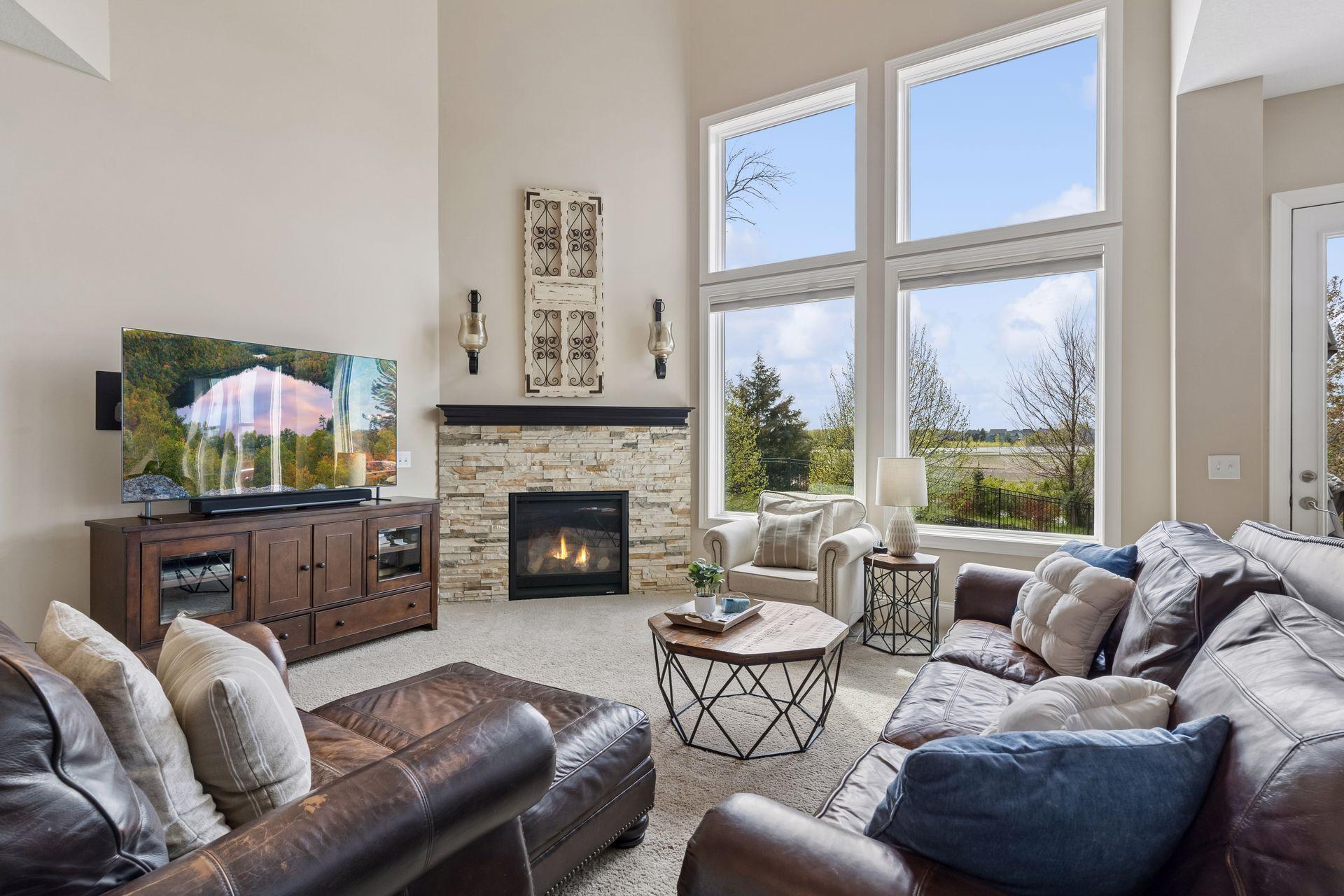 Tall windows in the 10' ceilings of your living room make this a grand area.