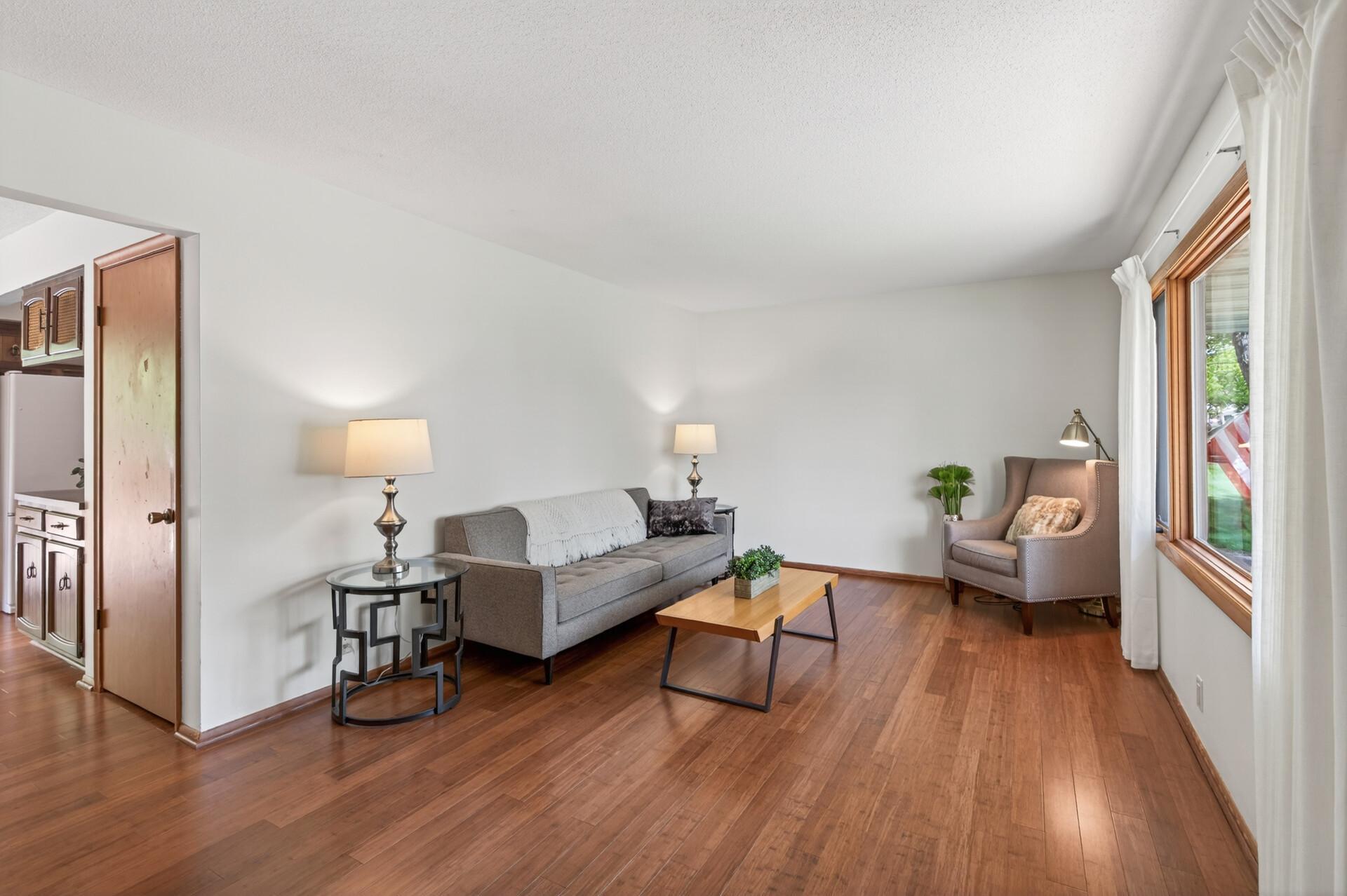 Living room into dining area/kitchen