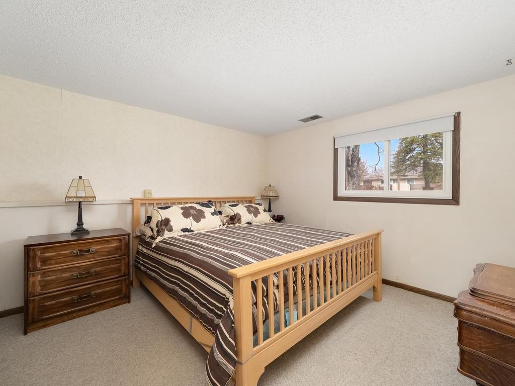 3rd bedroom in lower level features carpet and newer window