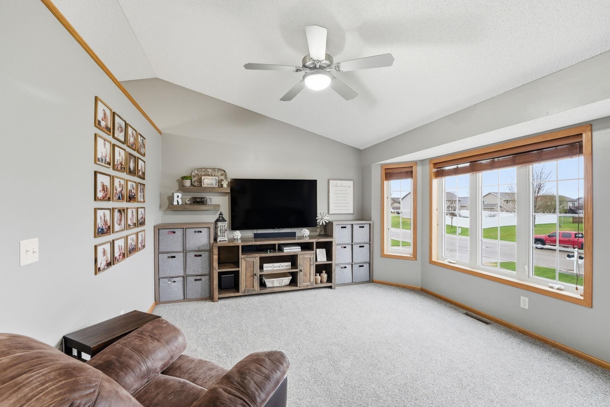 Well-lit and inviting living room.