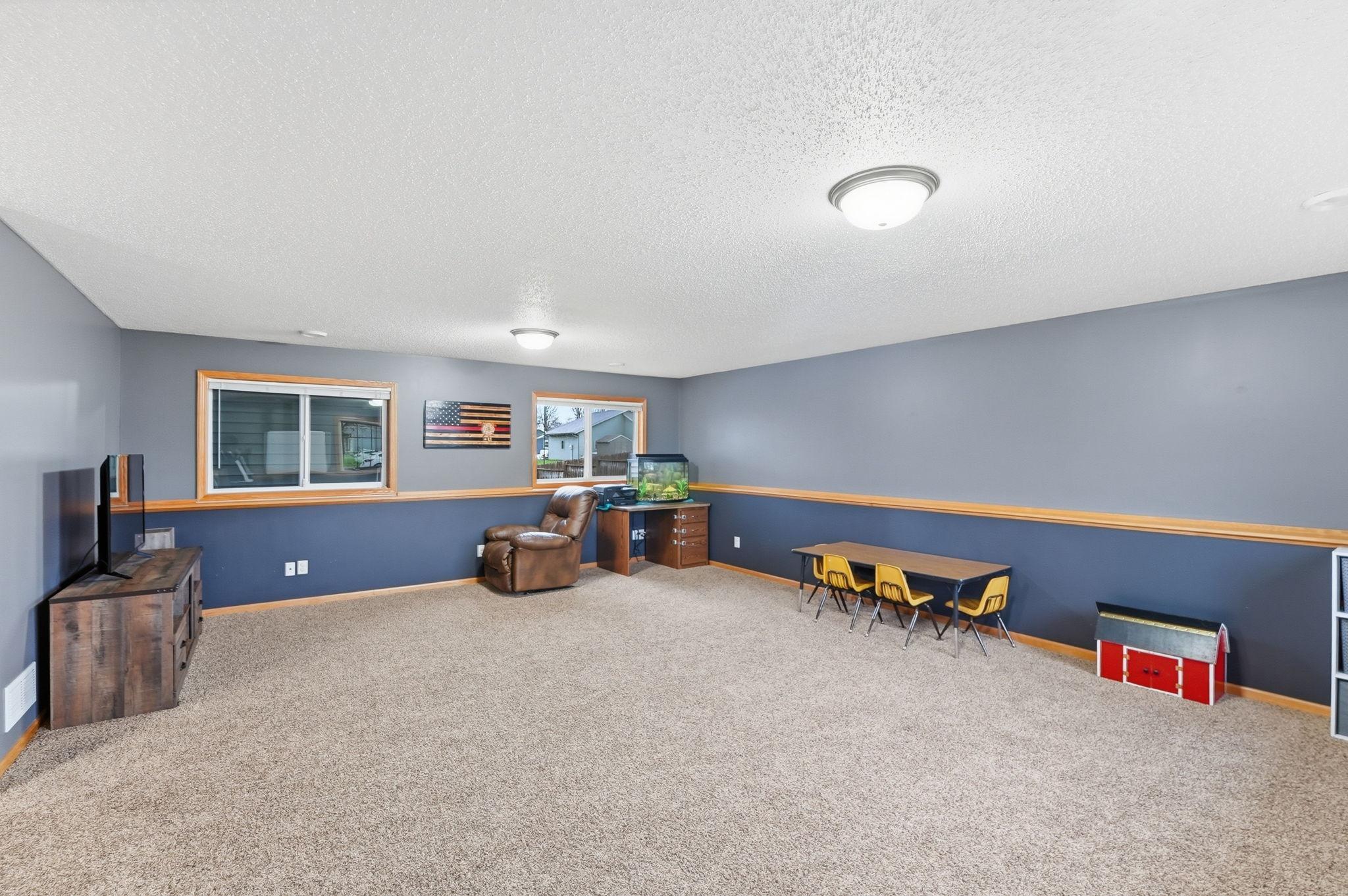 Spacious lower-level living room offers additional flexible living space.