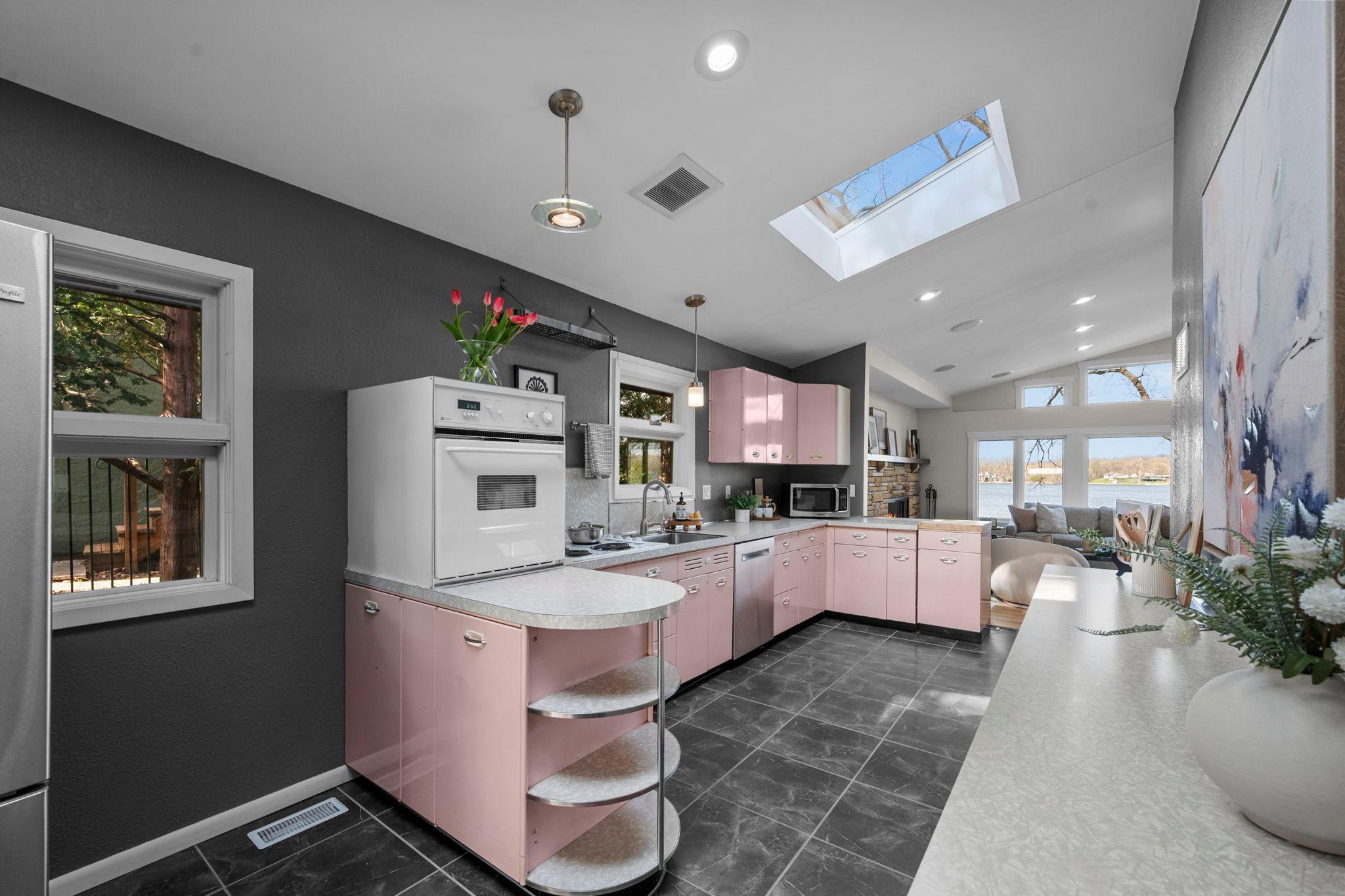Two skylights add light throughout the kitchen.
