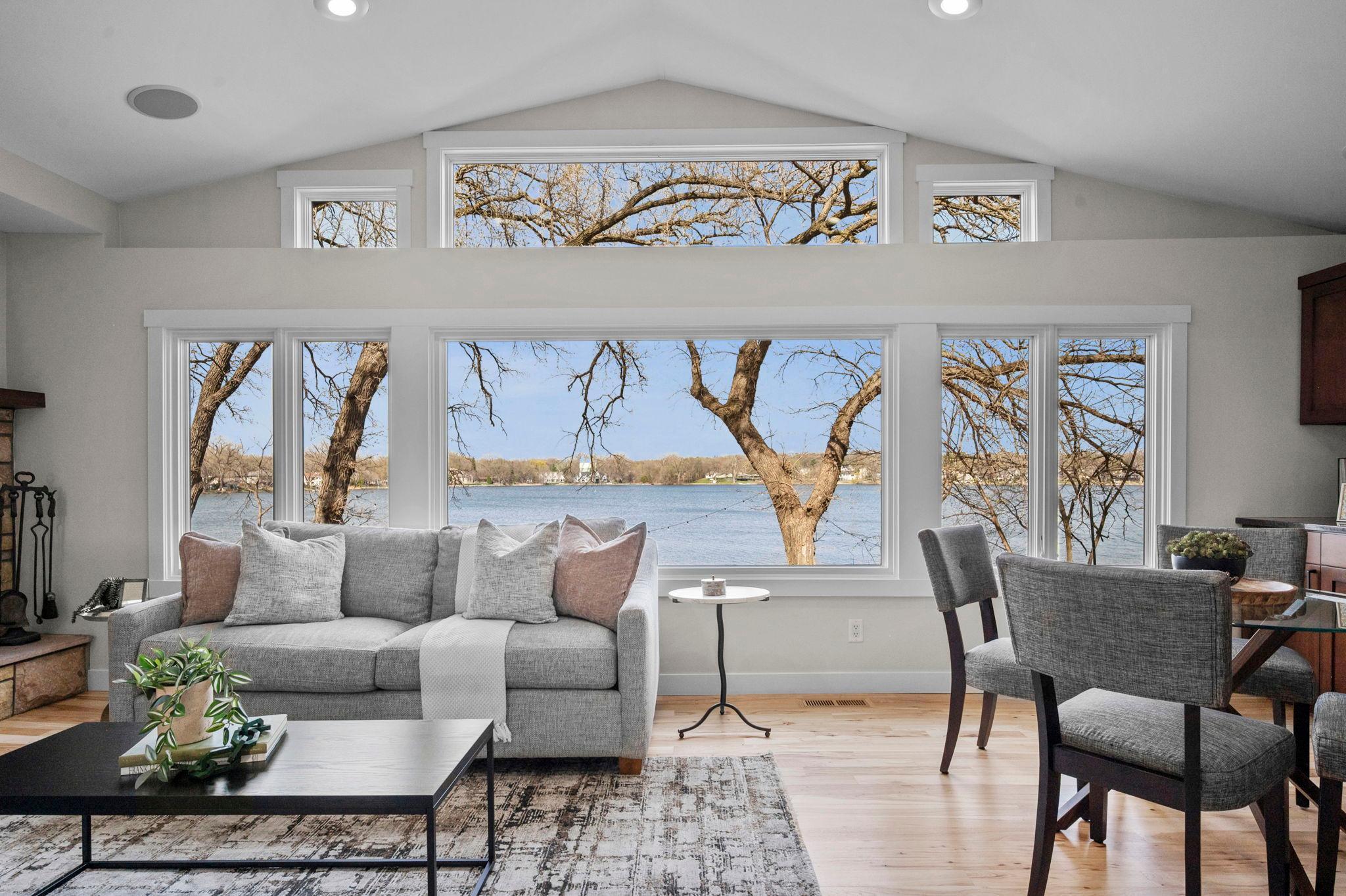 An abundance of natural light flows in through this wall of windows.