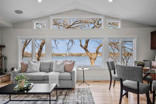 An abundance of natural light flows in through this wall of windows.