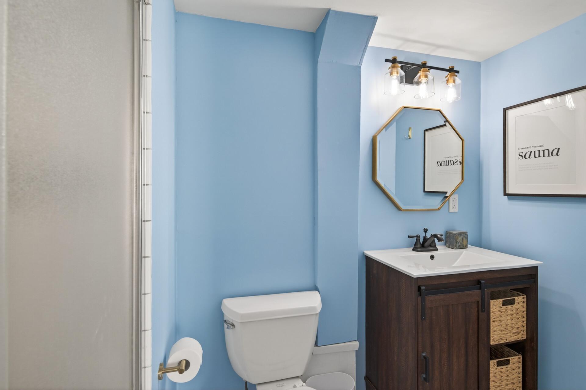 The lower level bathroom has been thoughtfully upgraded with a new toilet, vanity, mirror, and lighting.