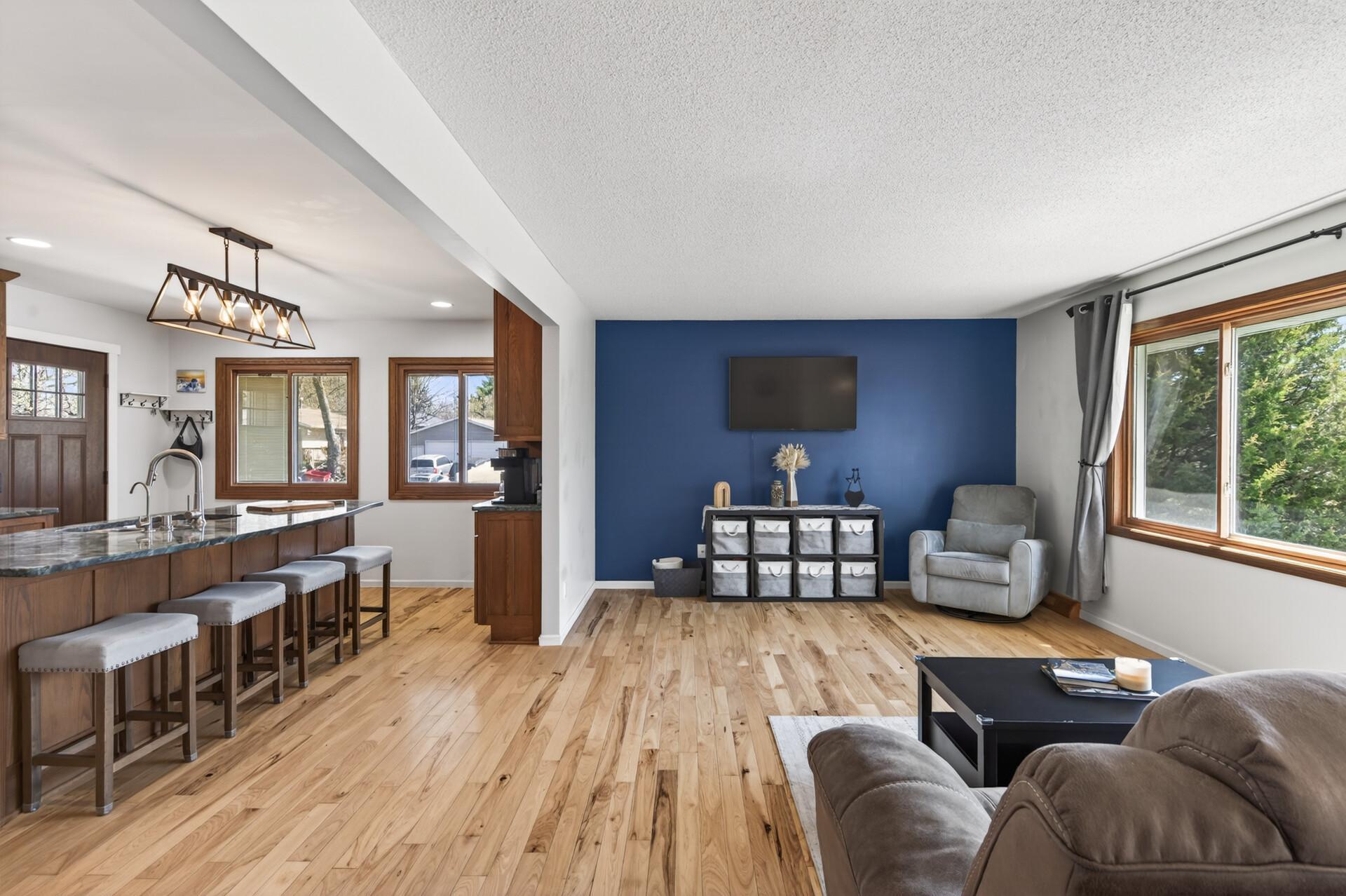 The upper level offers a bright and open layout.