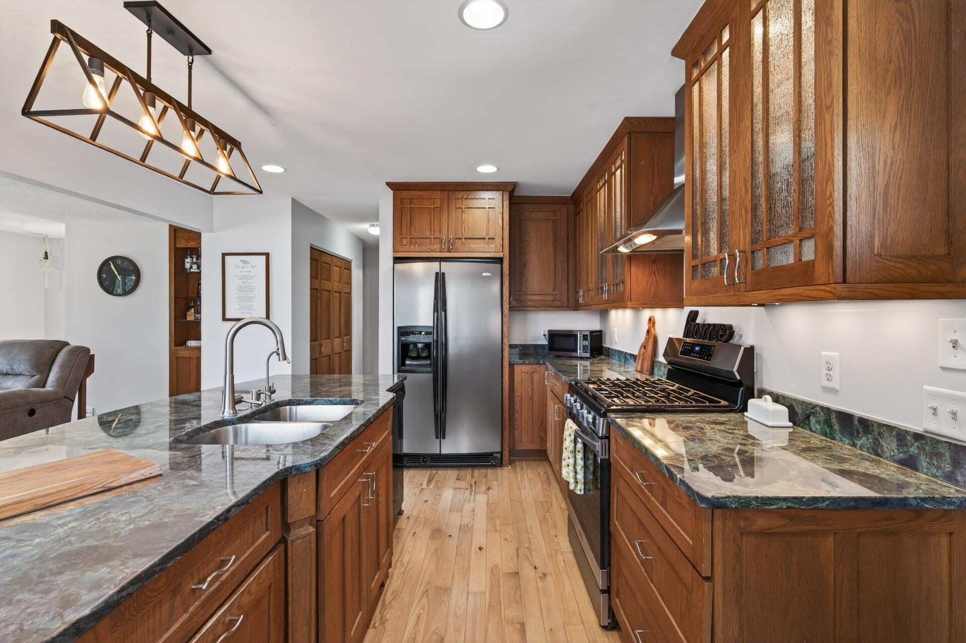 Stainless steel appliances create a clean, cohesive look that is easy to maintain.