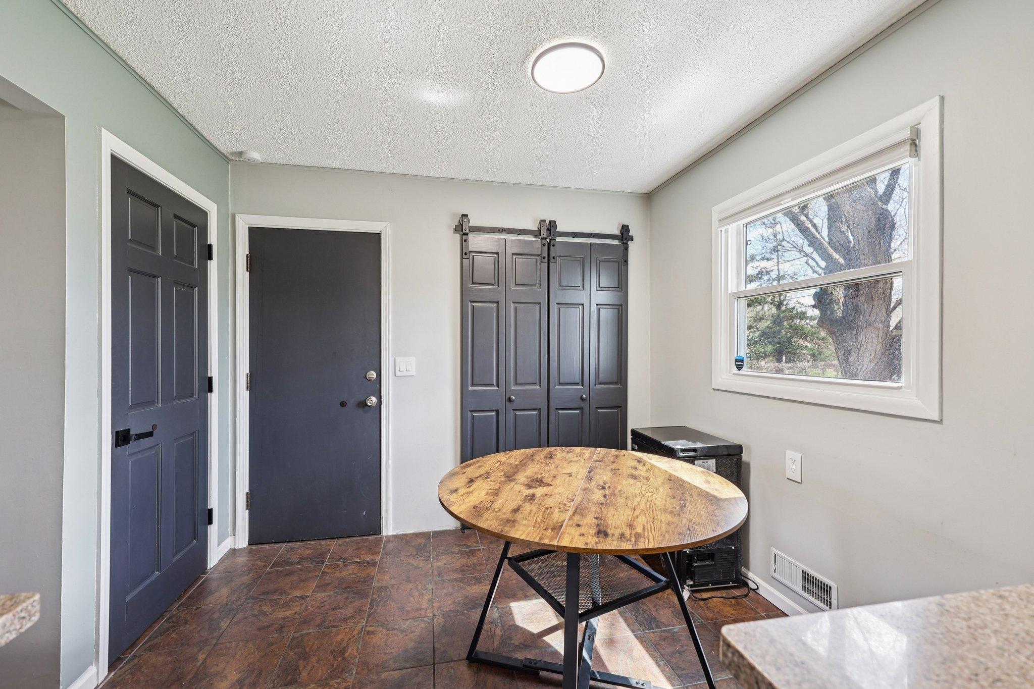 There's a pantry closet behind the barn doors. The middle door leads to the garage. The door on the left leads to the basement.