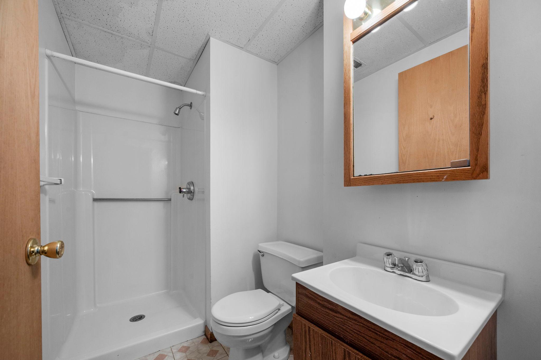 Existing 3/4 bathroom, along with nearby laundry area with double-basin utility sink, and substantial unfinished space for storage.