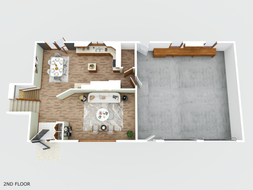 3D of main floor kitchen/dining room/ living room/garage