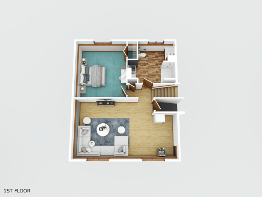 3D of 3rd level family room+bathroom+ bedroom+