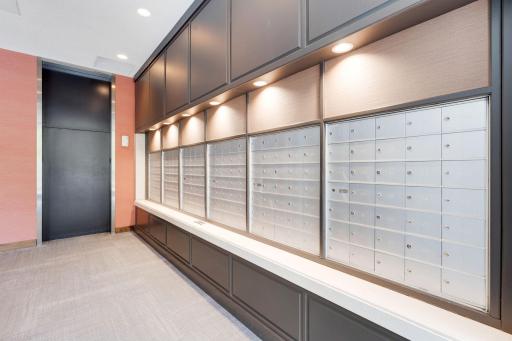 Mail boxes are located conveniently by the elevators