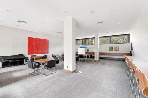 The community room features ample seating and kitchen for hosting events