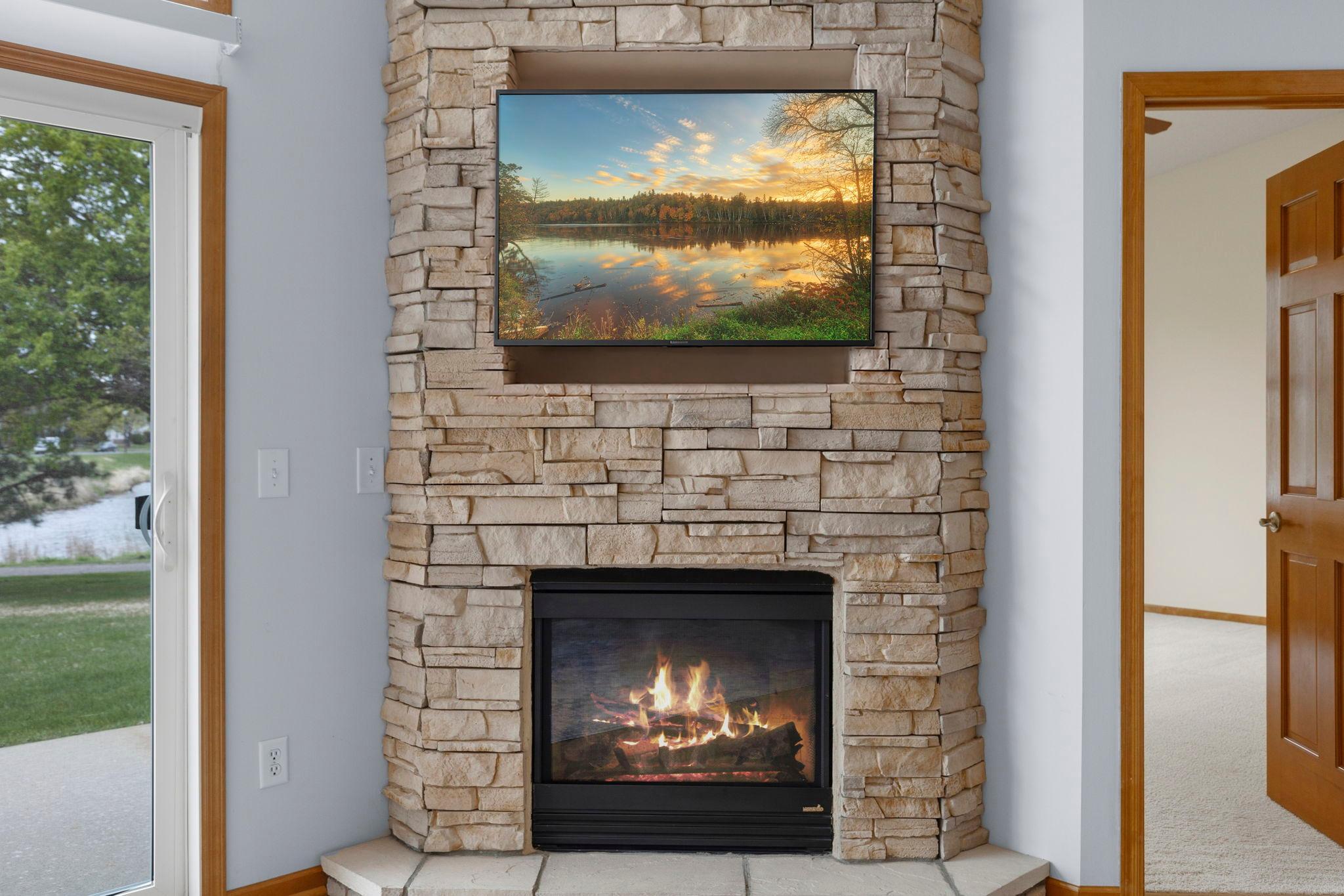 Stacked stone gas fireplace