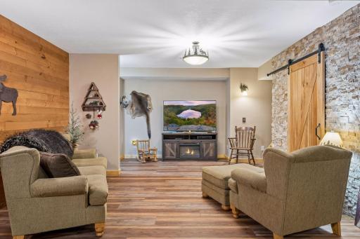 Barndoor with stone accent wall feature. Behind is a large closet for storage and extras you acquire.