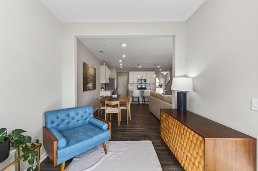 The sun room has a patio door that walks right outside to your green space.