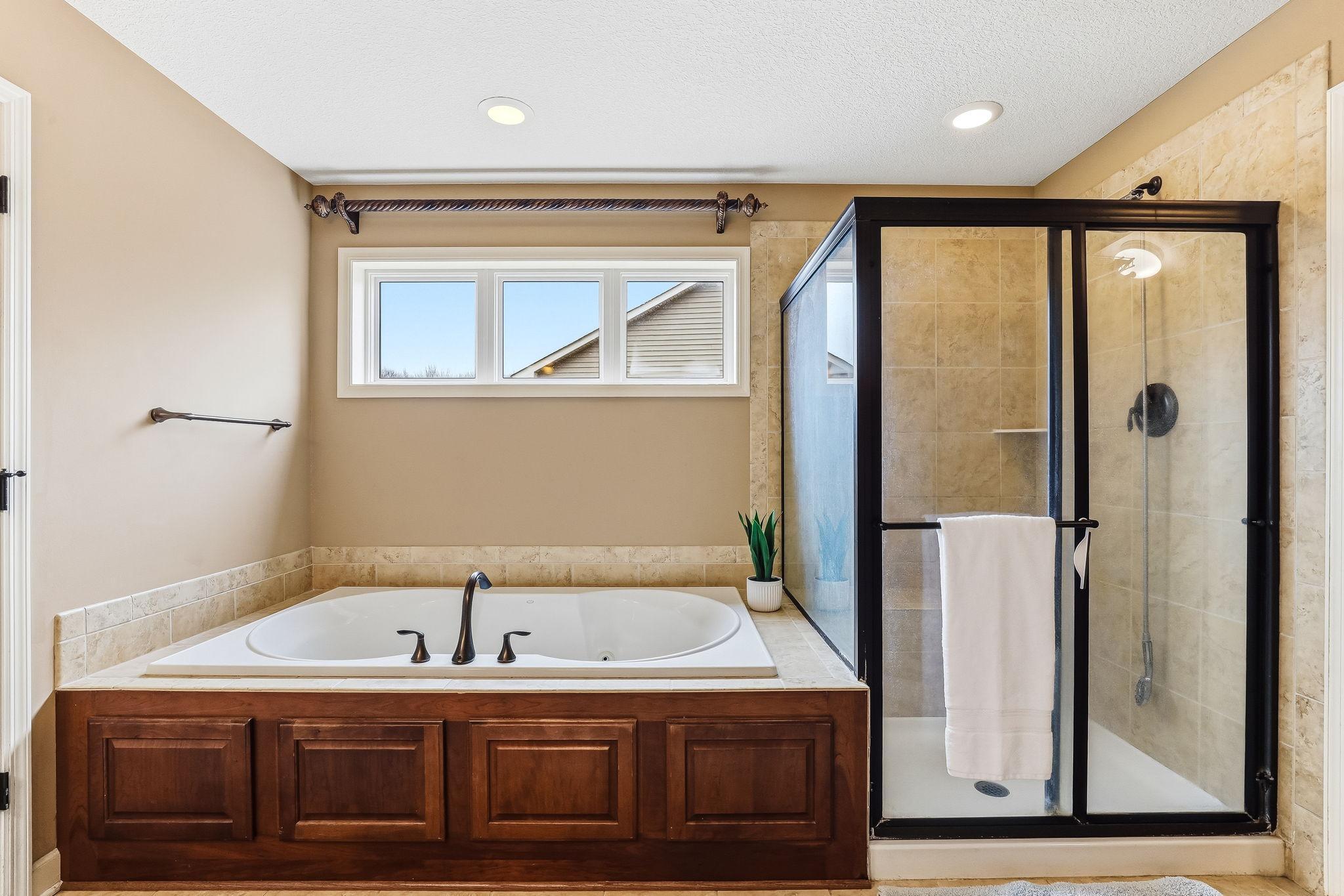 Deep soaking tub and Walk-in glass-enclosed shower in master bathroom