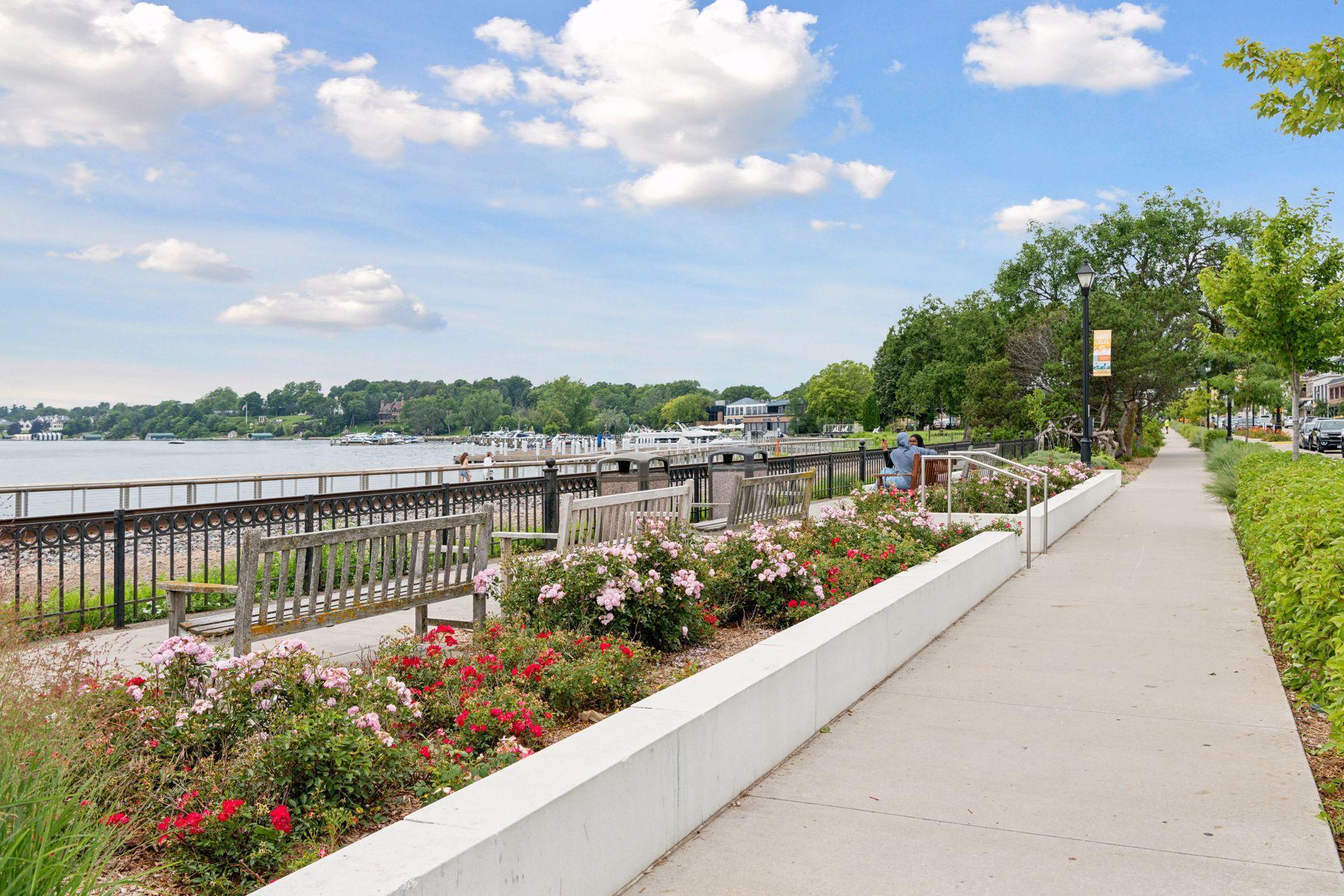 Walking paths and gardens along Lake St. in downtown Wayzata.