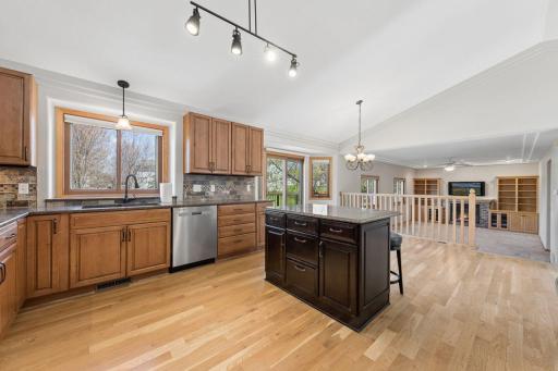 A nice open feeling as the kitchen/dining area overlook the family room.