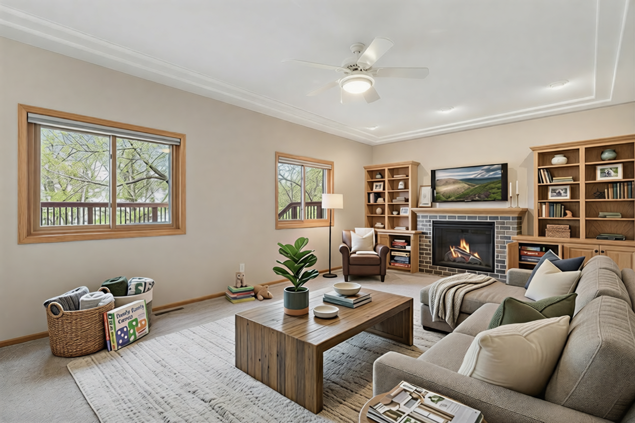 Family room virtually staged.