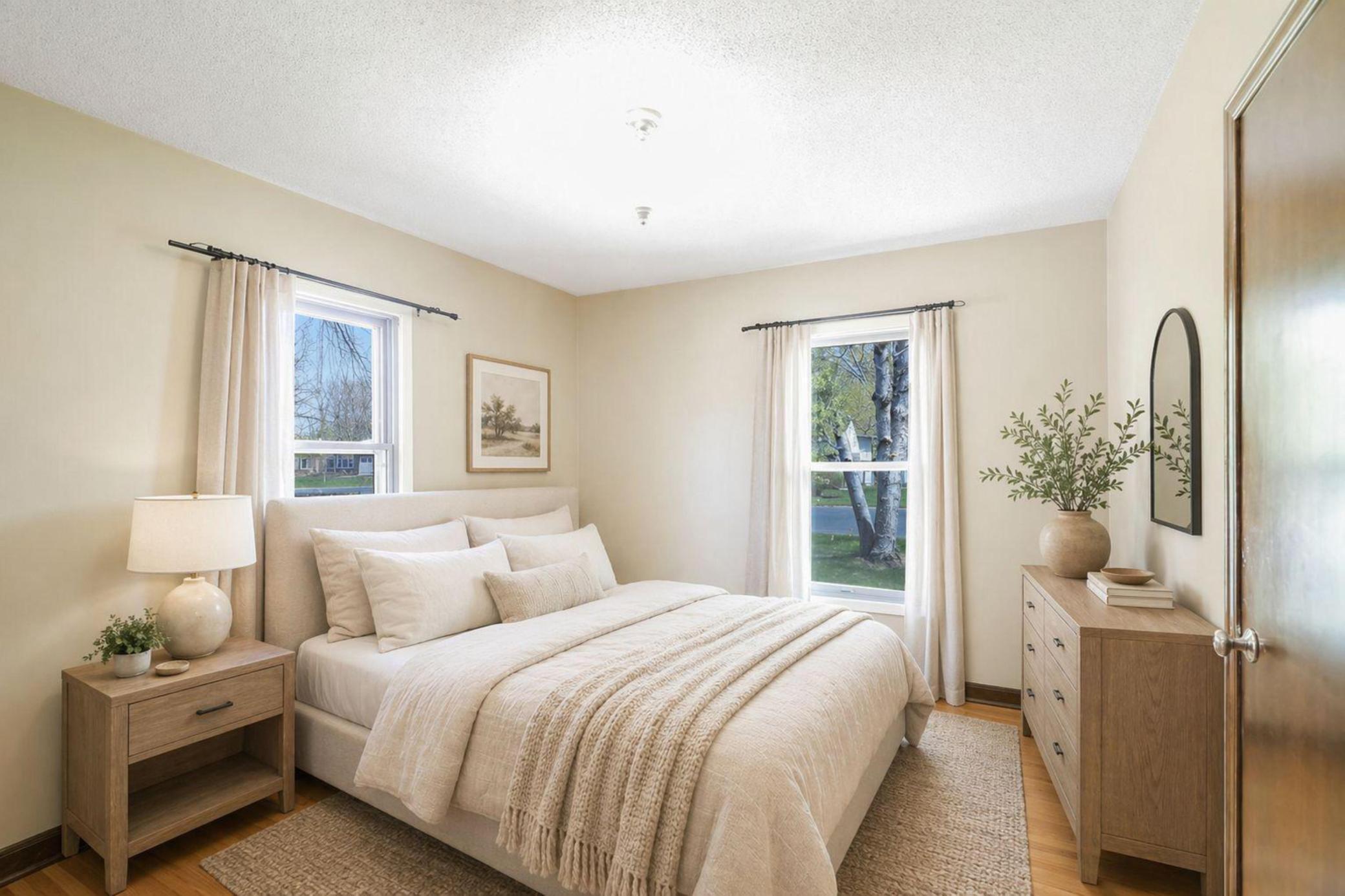 Gorgeous hardwood floors & millwork with large, daylight windows in this first bedroom on main level. There is a Nest Thermostat for the Homeowners' ability to control remotely. This is virtually staged.