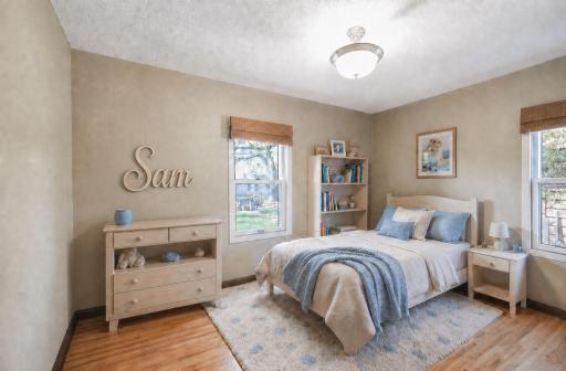 A charming second bedroom is virtually staged.