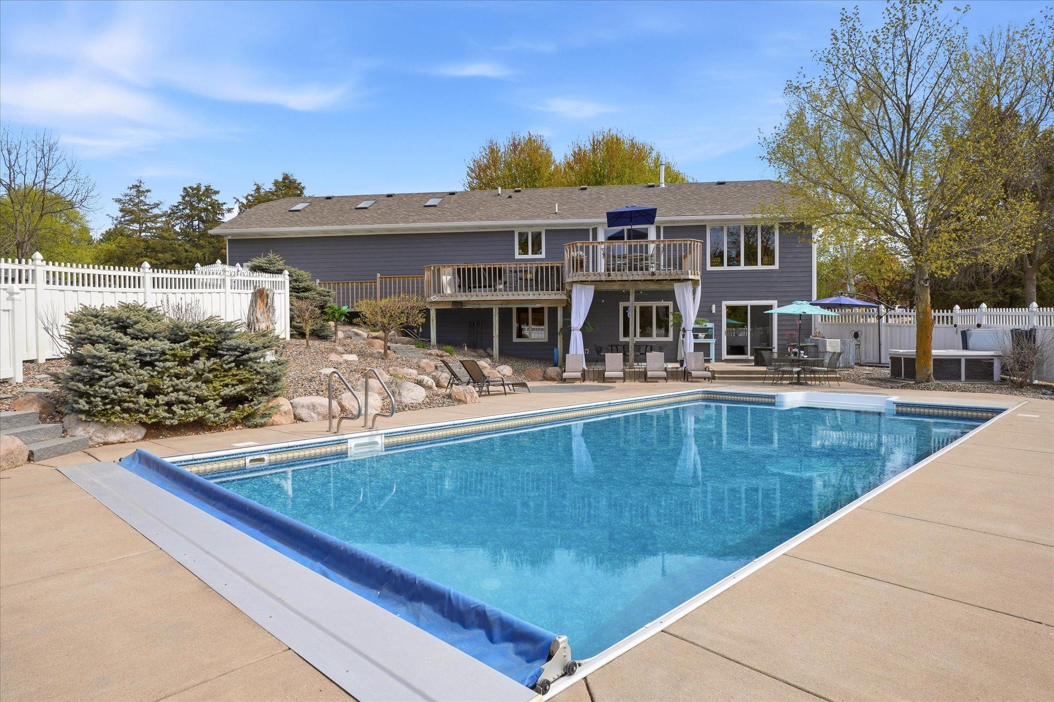 The 40x20 in ground pool is heated, with a 3' shallow end and an 8' deep end. It had a new liner installed in 2021 and new cover fabric installed in 2019.