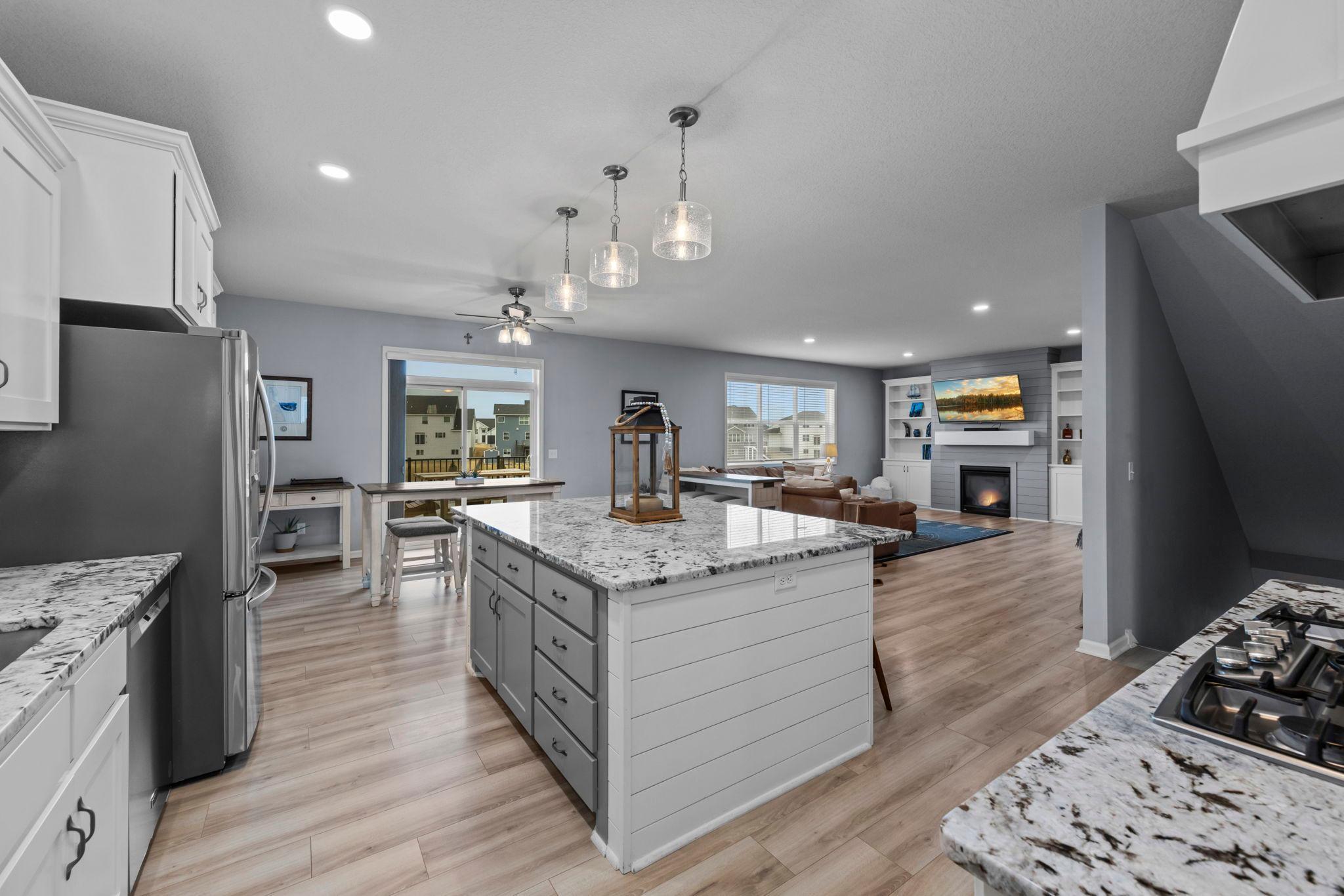Shiplap surround on kitchen island with Quartz countertop.