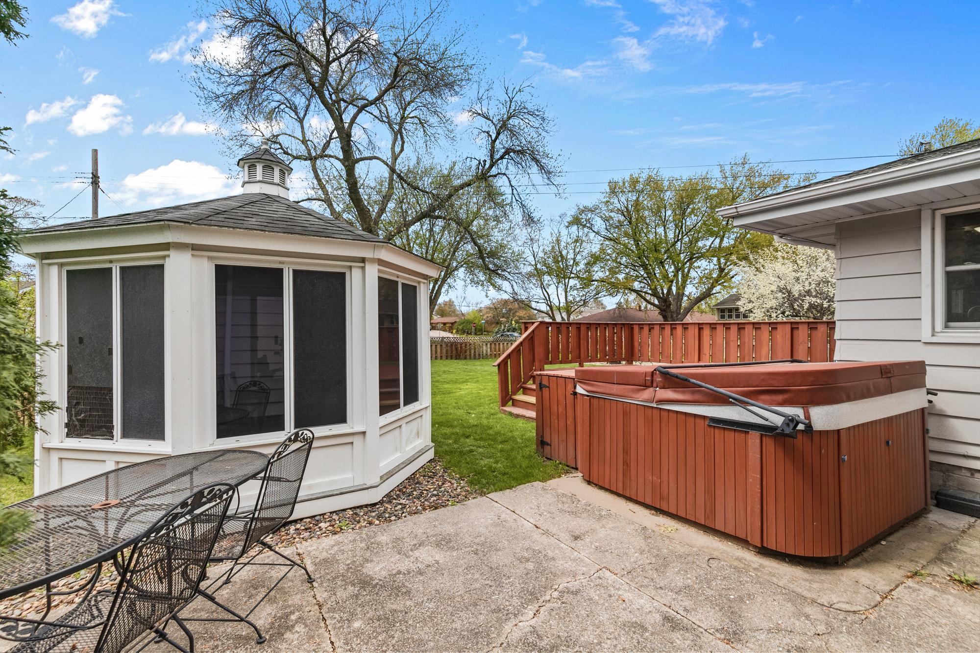 The gazebo was added in 2010. Easy to go from the deck to the gazebo to the hot tub. You can also enjoy the cement patio for another entertaining option.