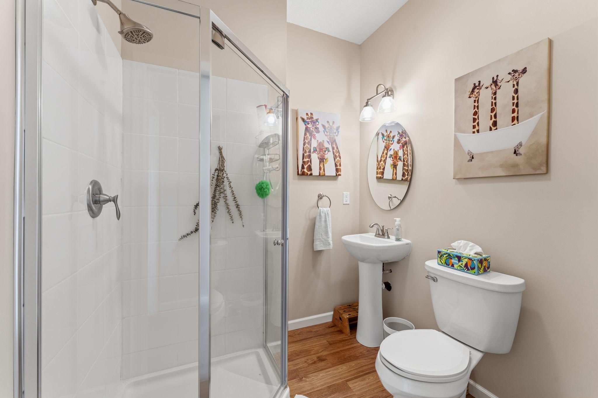 Lower level ¾ bathroom featuring walk-in shower and updated finishes.