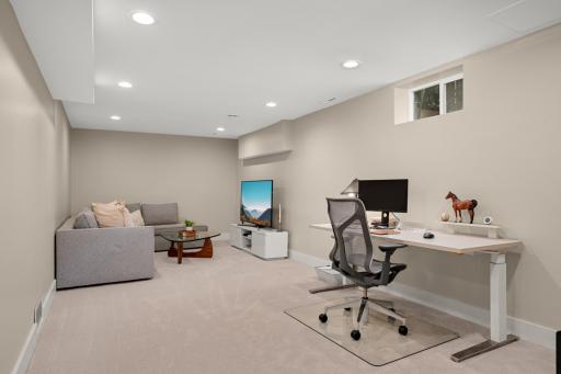 Outstanding lower level family room updated with tons of recessed lights, new carpet