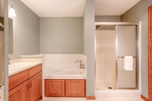 Relax and unwind in the private primary bath, complete with a jacuzzi tub and separate shower for a spa-like experience.