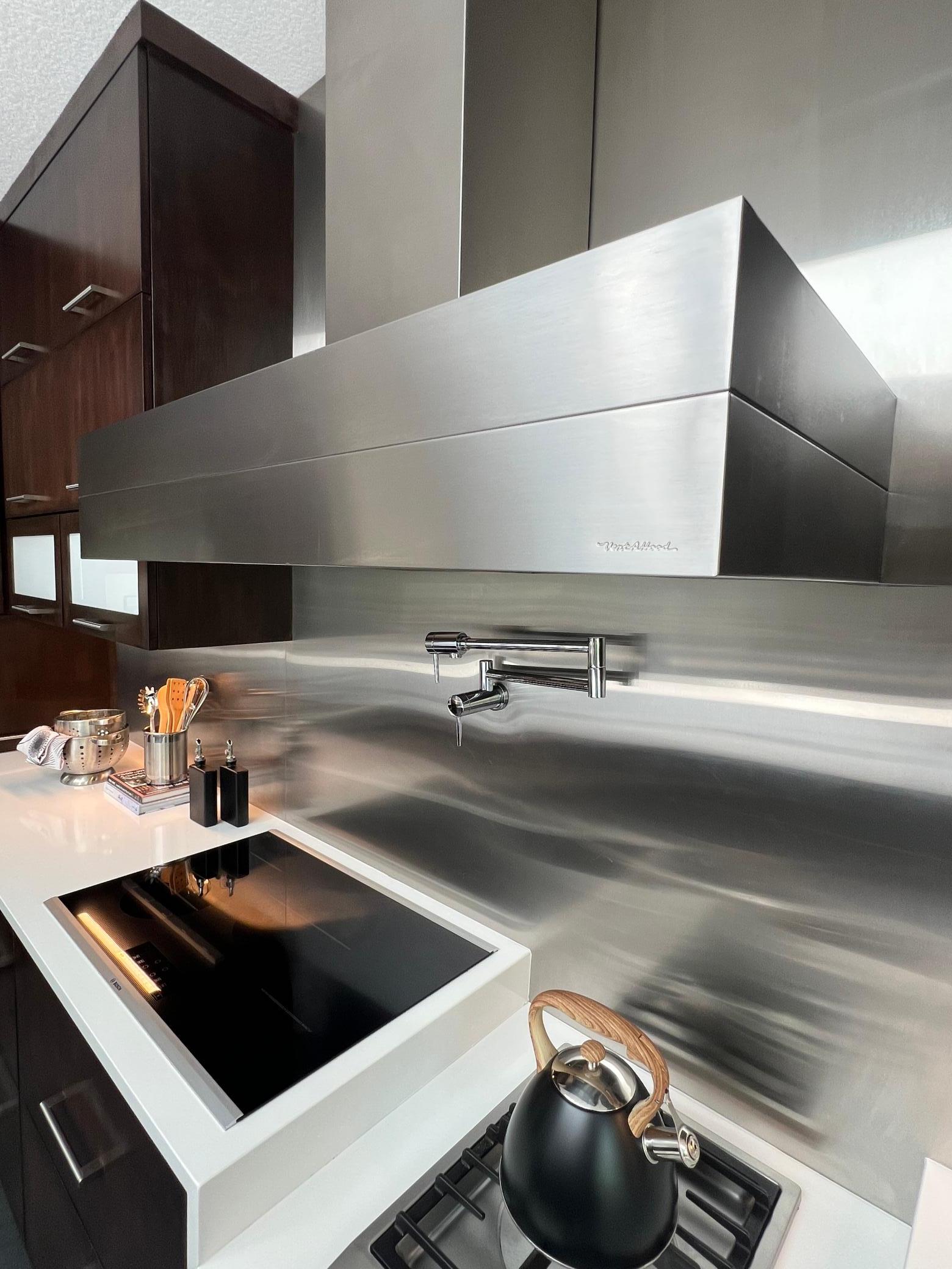 Pot filler and a dropped height gas burner for wok and stock-pot cooking