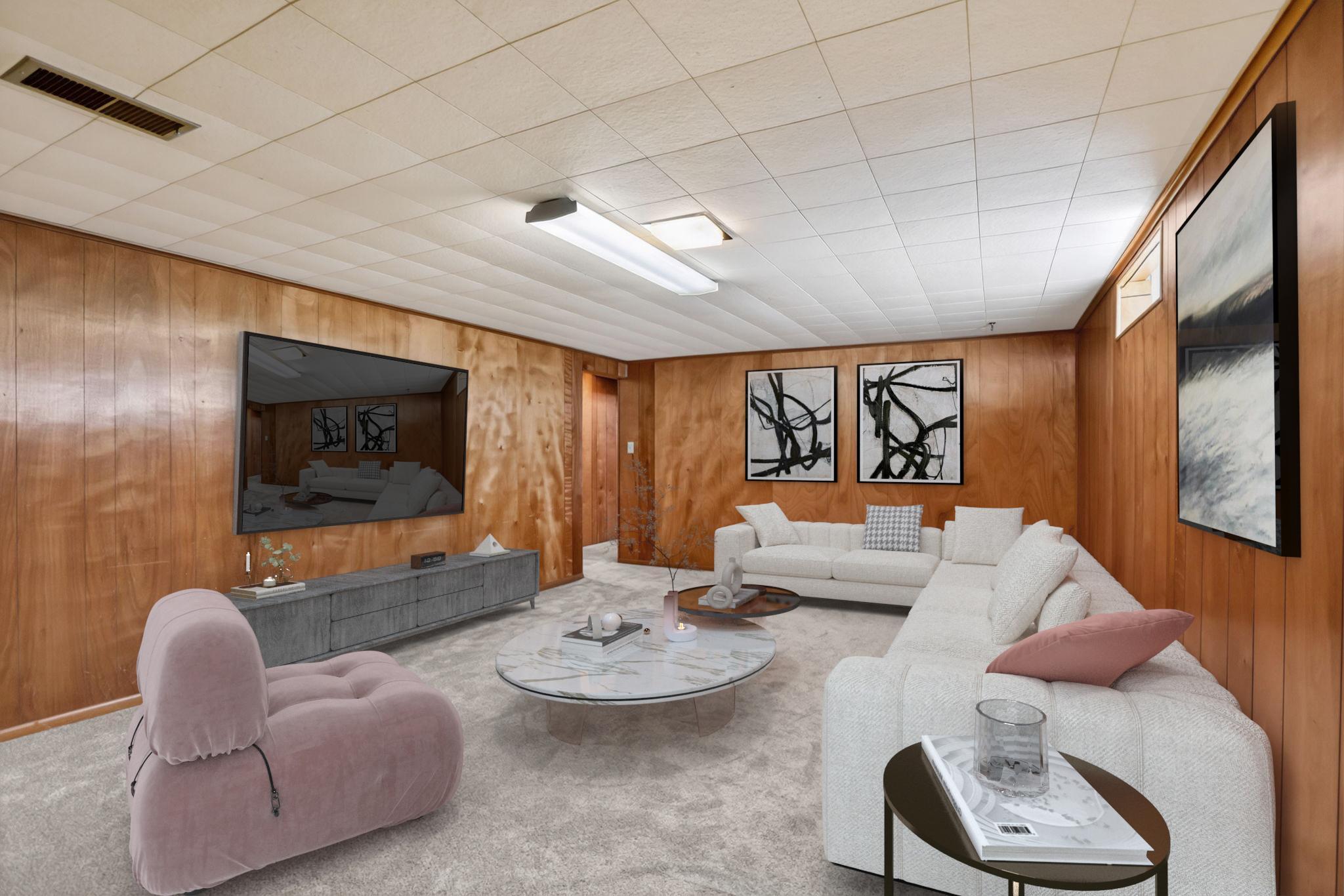 Spacious family room in the lower level has new carpet (virtual staging)