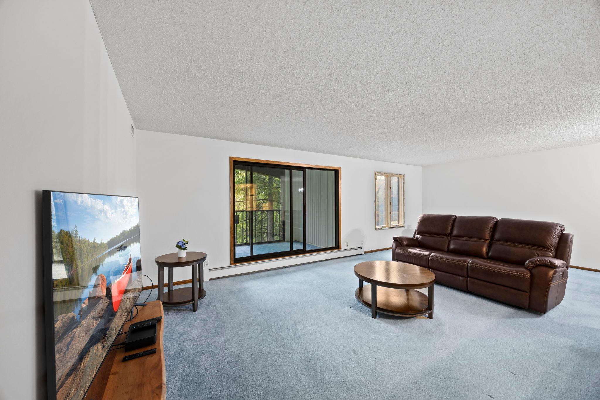 The layout immediately opens into a spacious living room filled with natural light and plush carpeting.
