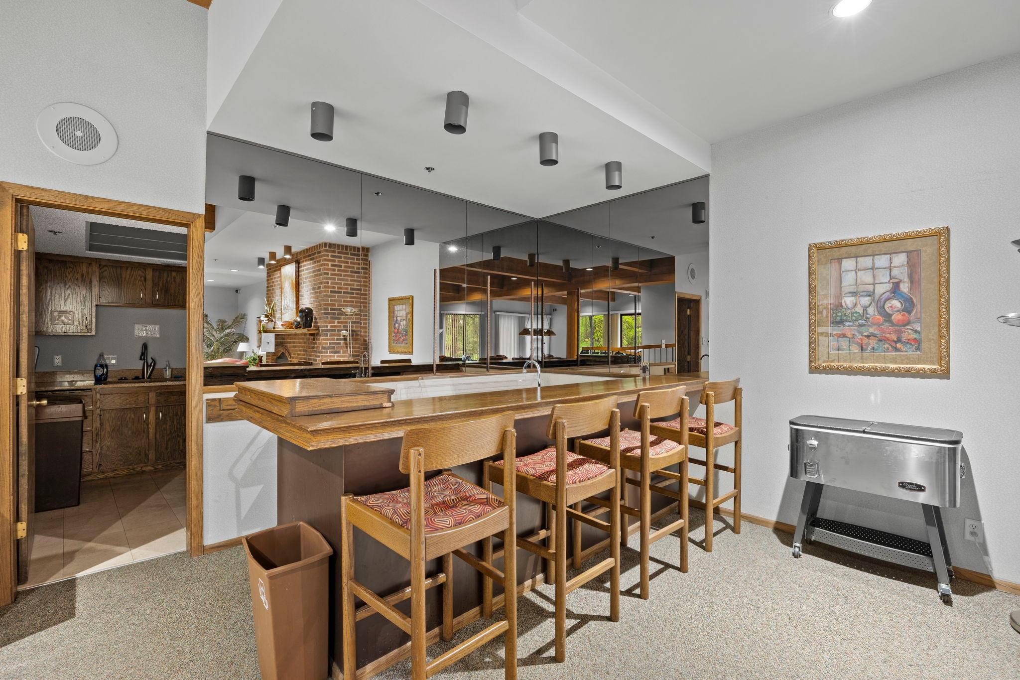 Bar area and connected kitchenette.