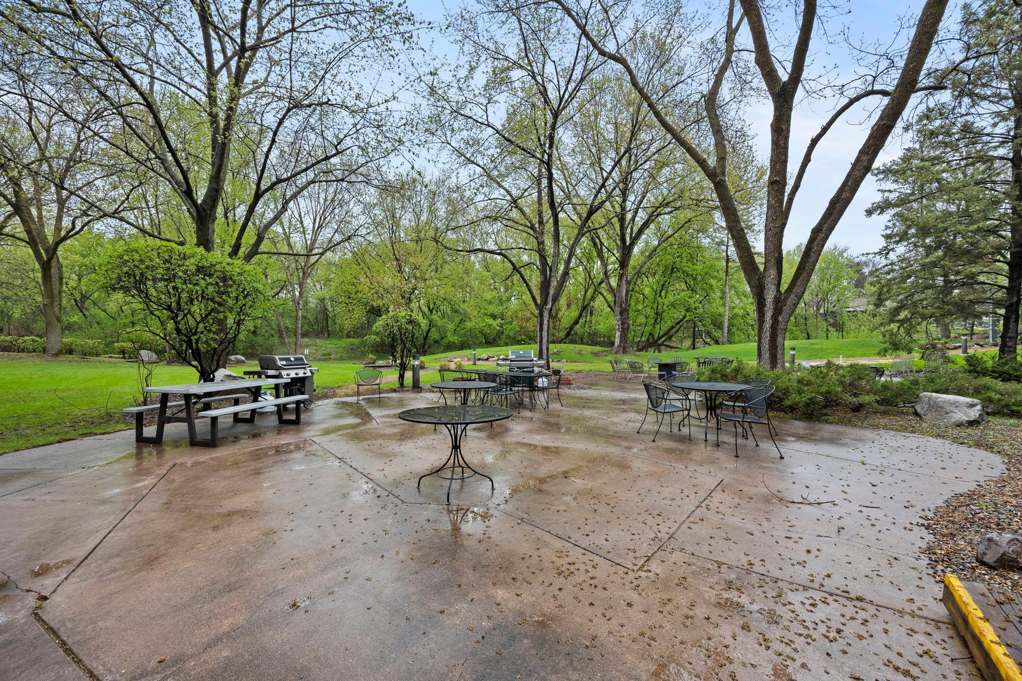 Large outdoor patio with firepit, grills, and seating.