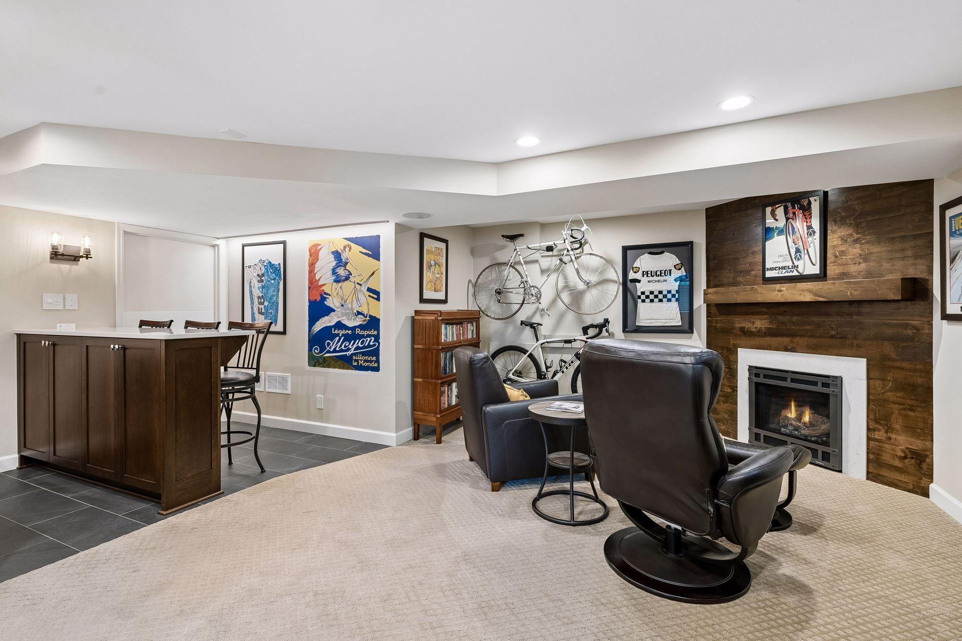 Lower level family room, third fireplace, with wet bar.