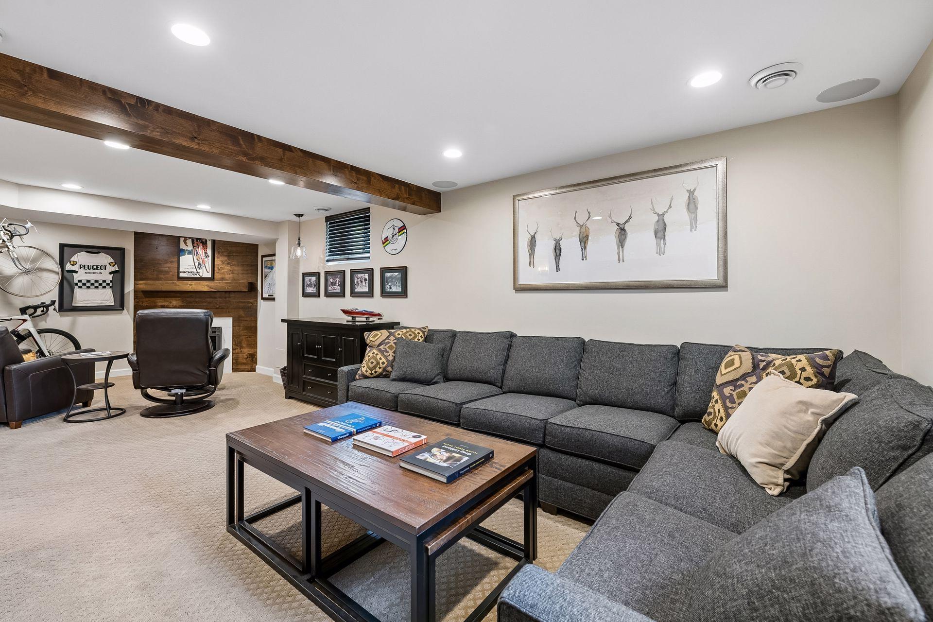 Lower level family room with plenty of ceiling height.