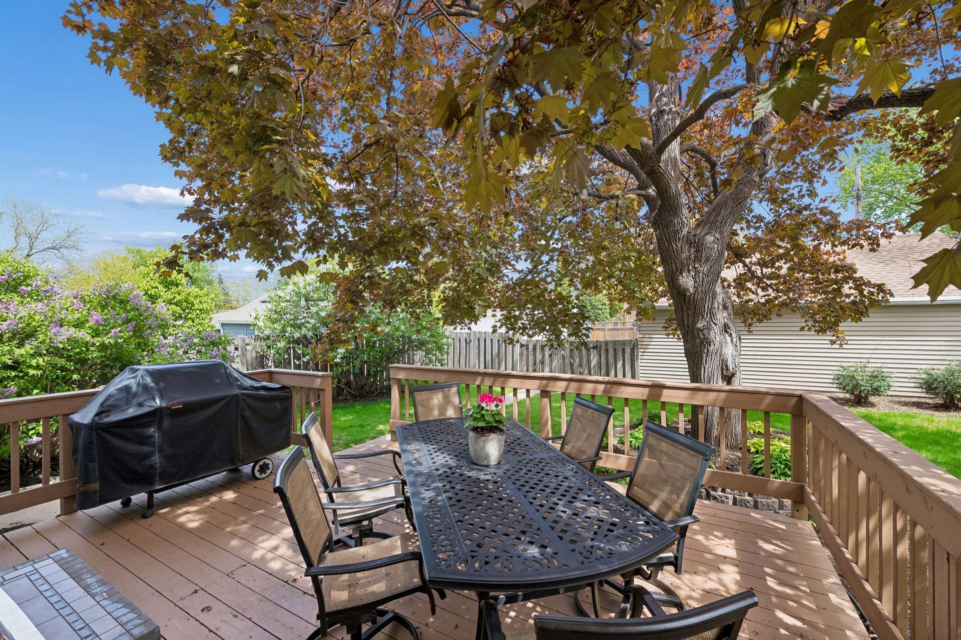Rear deck and lilac bushes visible in background.