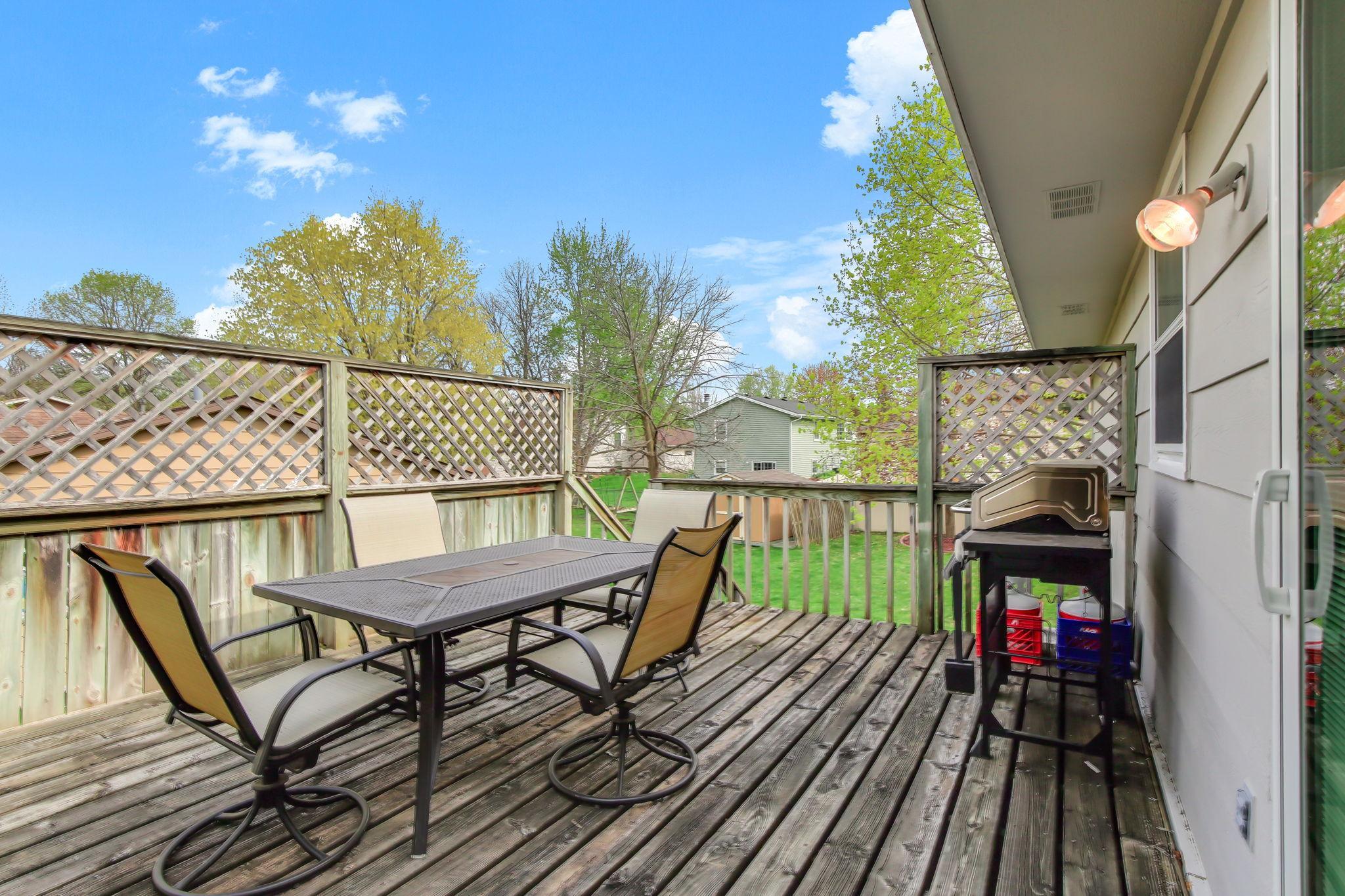Private deck offering a peaceful outdoor retreat, perfect for relaxing or entertaining with added seclusion and a comfortable sense of privacy.
