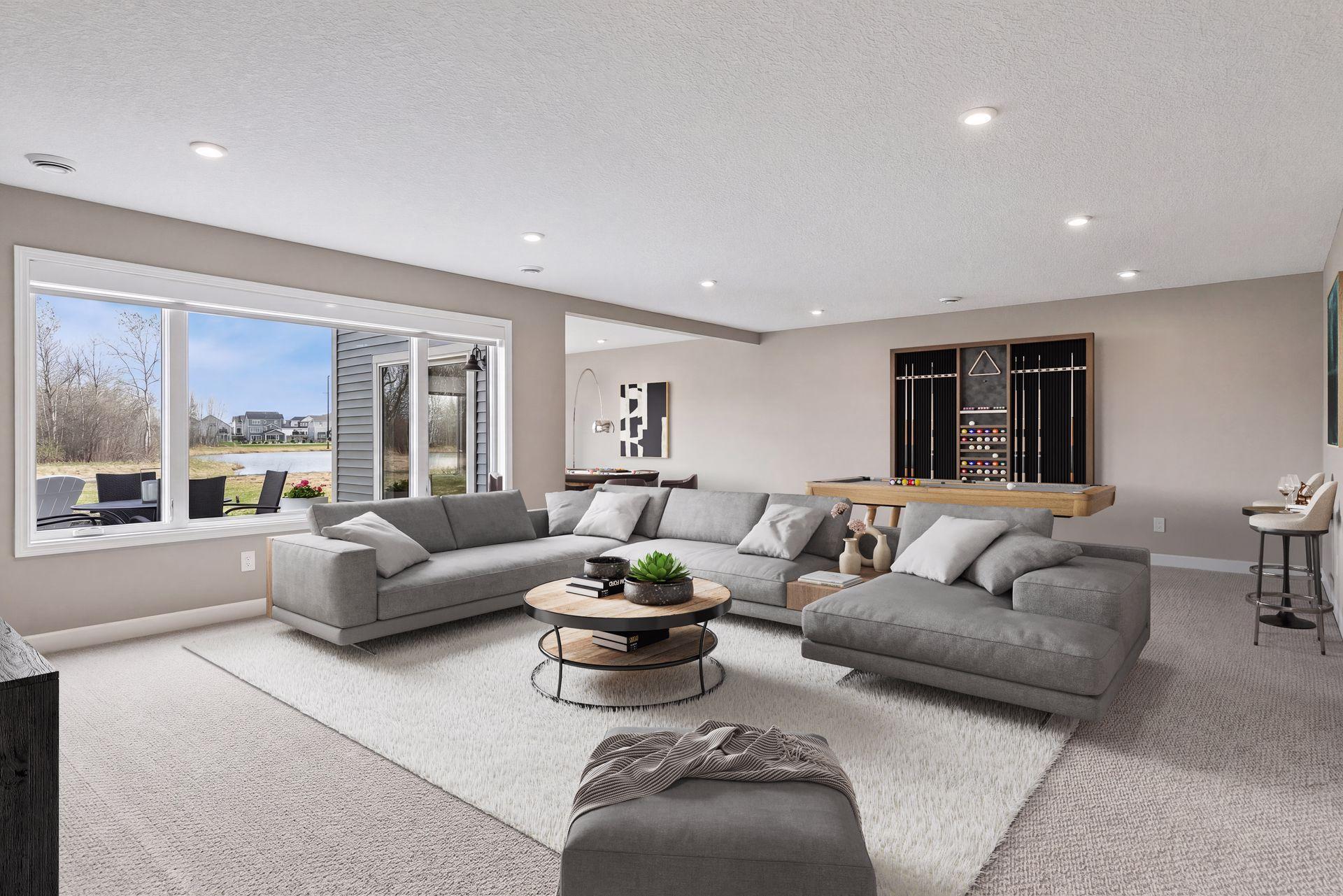 Game table space, pool table, built-in bar - whatever you need, there is space. (Virtual staged in this photo)