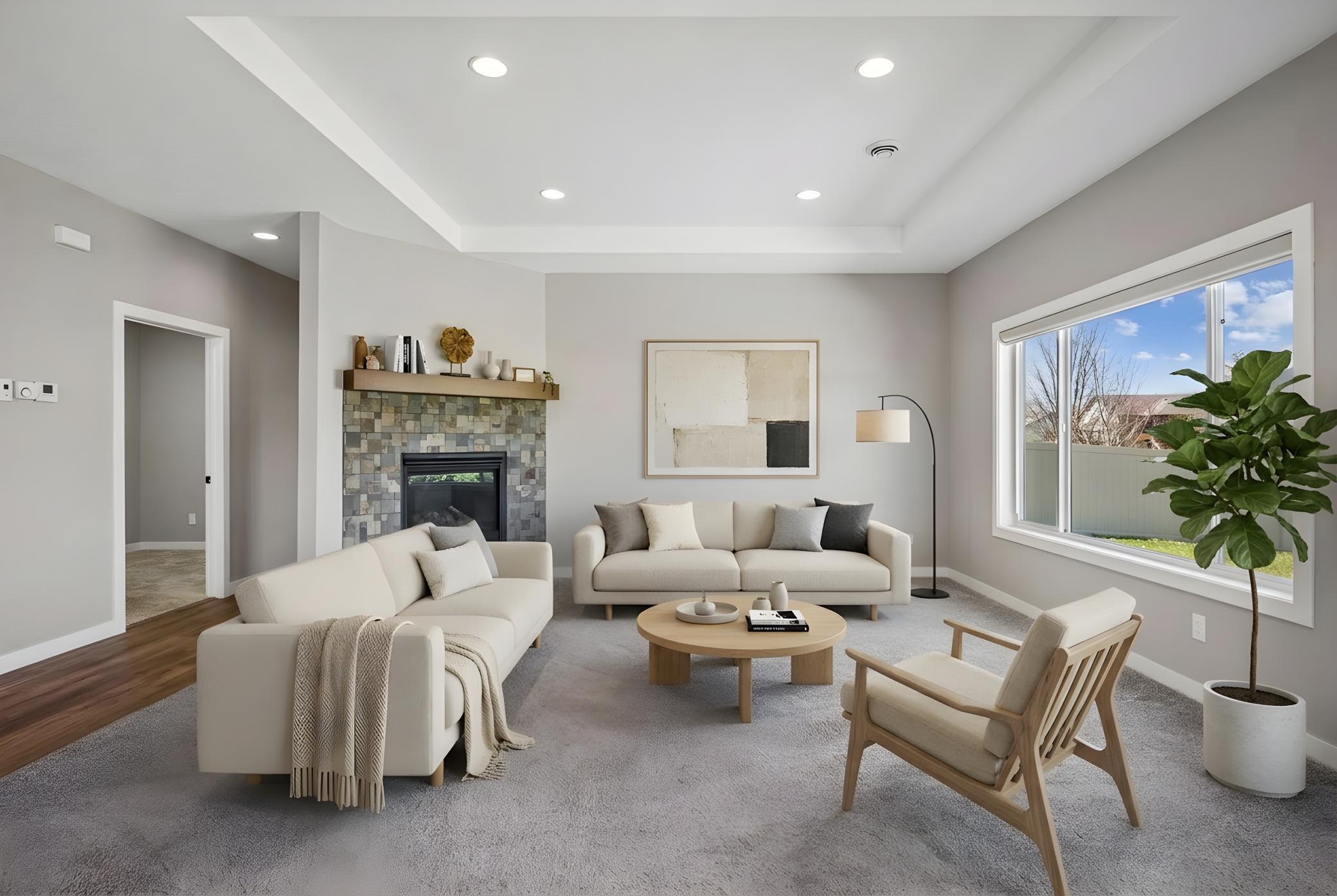 Virtually staged living room. Tray ceilings and a large picture window looking out at the backyard.
