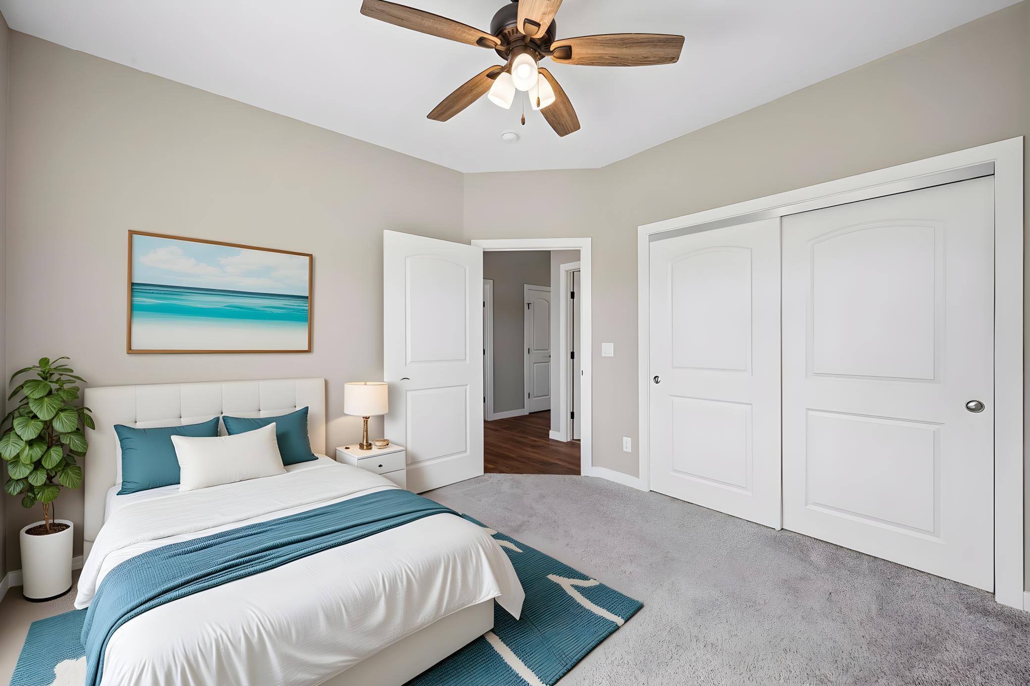 Virtually staged, second bedroom with a large closet.