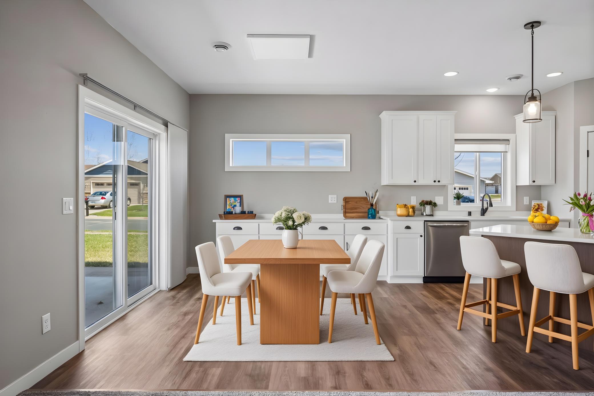 Virtually staged, dining with sliding glass door leading to the backyard concrete patio.