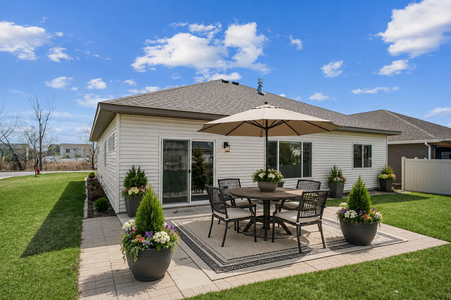 Concrete backyard patio. Sliding door leads to the dining area. Virtually staged patio furniture.