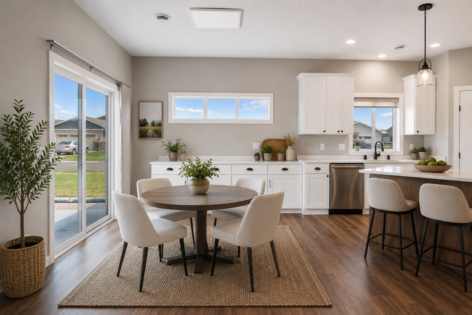 Dining with sliding glass door leading to the backyard concrete patio, virtually stage furniture.
