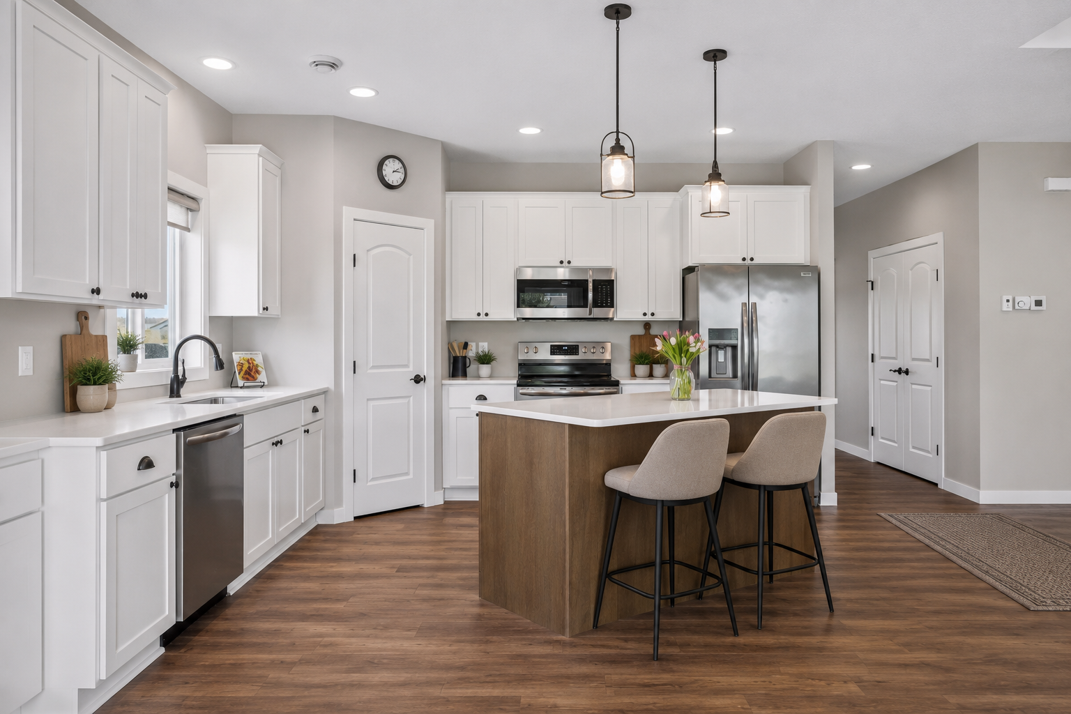 Beautiful white custom kitchen soft close cabinets, quartz counters, kitchen island, walk-in pantry and stainless steel appliances.