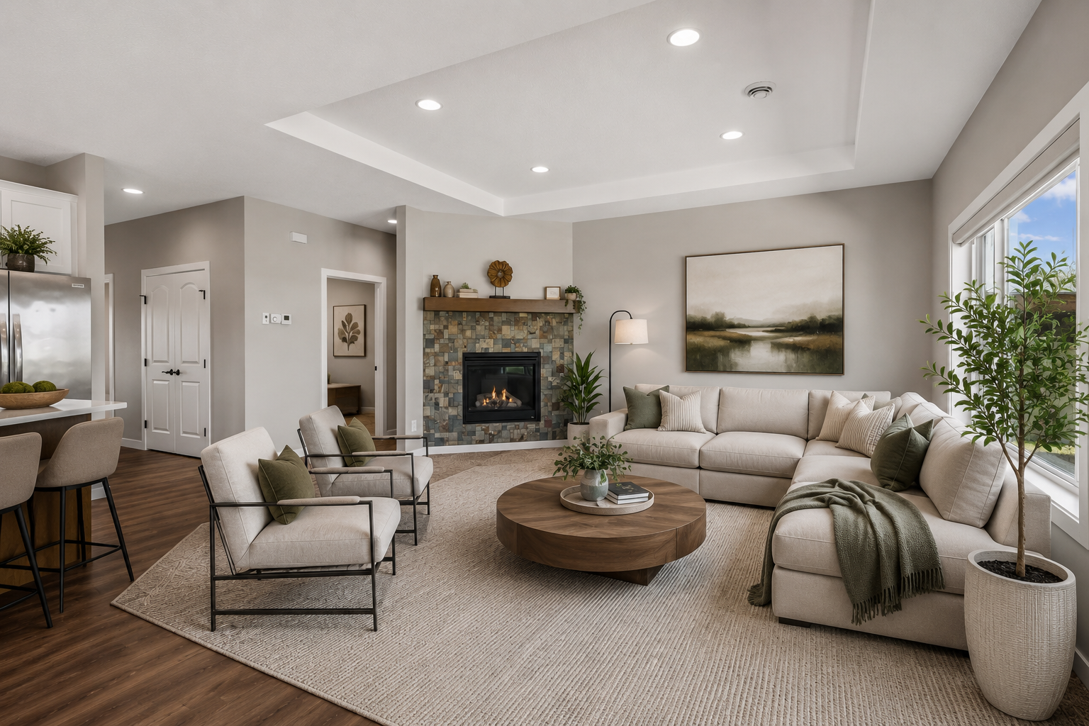 Beautiful living room with a tray ceilings and a large picture window looking over the backyard.