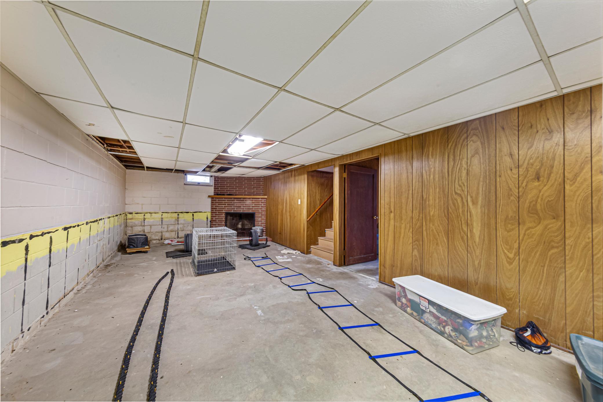 Unfinished basement with a fireplace